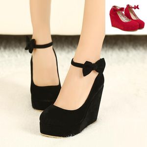 black bowtie plarform wedges womens red ankle strap high heel wedding shoes 2 colors size 35 to 39