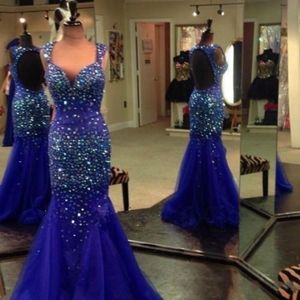 Luksusowy Rhinestone Arabski Syrenki Suknie Wieczorowe Royal Blue Suknie Wieczorowe 2019 Dubaj Kaftan Prom Dress Zroszony Crystal Party Dresses Custom