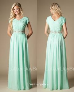 Alta Qualidade Frisado Menta Verde Dama de Honra Vestido Modest A-Line Chiffon Formal Maid of Honor Vestido De Casamento Convidado Vestido Feito Sob Encomenda Plus Size