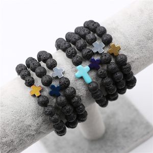 Natural Lava Stone Beads Cross Strands Charm Bracelets Silver Gold Plated For Men Women Party Decor Lucky Jewelry