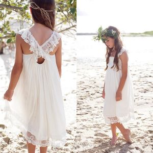 New Ivory Chiffon Tea Length Boho Beach Country Flower Girl Dresses For Weddings Cheap Square Lace Girls Casual Dress Custom EN7271