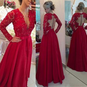 Gorgeous Lace & Chiffon V-Neck A-Line Evening Dresses With Beads Long Sleeves Lace Applique Prom Dress vestidos para festa