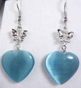 Yeni Çift Kalp mavi opal 925 Ayar Gümüş Kanca Kalp Dangle Küpe