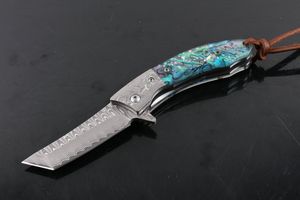 Högkvalitativ 2 Style Damaskus Flipper Folding Kniv VG10 Damaskuss Stål Tanto Point Blade EDC Pocket Knivar med lädermantel