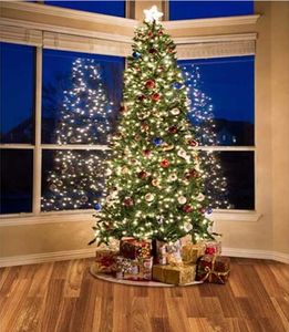 ليلة السماء الزرقاء خارج النافذة متألقة شجرة عيد الميلاد خلفية صناديق هدية الأسرة داخلي منزل عطلة الأطفال أطفال صور خلفية الاستوديو