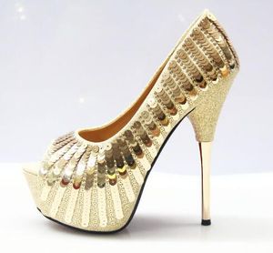 2017 Sexiga kvinnor högklackade pumpar fisk mun sommarskor guld svart färg sequins dekoration öppna tå high-heels kvinna skor 14cm