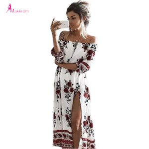 Atacado- Verão Mulheres Impressão Slash Pescoço Off The Ombro Bohemian Beach Dress Casual Long Maxi High Cintura Mulheres Split Vestidos Roupas