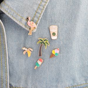Flamingo Palm Tree Banana Ice Cream Kaffe Pins Brosch Sats Badge Kvinnor Mode Söt Pin Smycken Partihandel