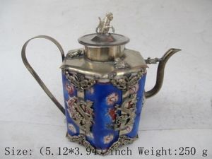 Wholesale ancient tibetan resale online - Elaborate Chinese ancient Tibetan silver dragon monkey butterfly inlaid with blue ceramic teapot