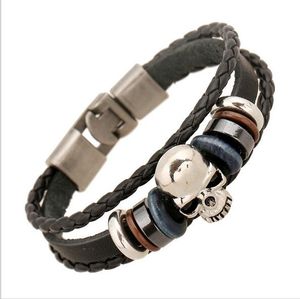 Meaeguet Braccialetti con teschio in pelle da uomo Rock Punk Scheletro in acciaio inossidabile Charms Bracciale polsino Braccialetti Gioielli casual G44