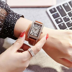 Diamond Luxury Ladies Watch Fashopn Women watches Modern Rhinestone Rectangle Dial Leather Strap Quartz wristwatch For girls lady Christmas Valentine's Day Gift