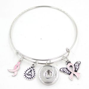 New Arrival Snap Jewelry Hope Ribbon Breast Cancer Awareness Pink Ribbon Angel Wing Charm Expandable Adjustable Wire Snap Bangles Bracelet