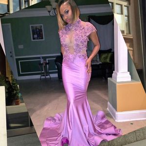 Stunning Lilac Mermaid Prom Dresses High Neck Appliques Cap Sleeve See Through Top Formal Party Dress New Arrival Satin Long Evening Dresses