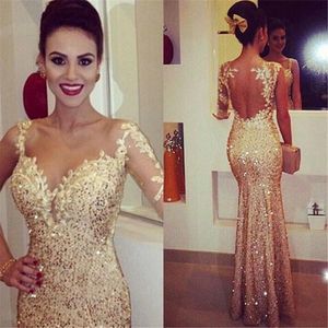 Gold One Shoulder Langarm Abendkleider Meerjungfrau Paillettenkleid Sexy rückenfreies formelles Kleid Applikation Spitze Abendkleid Libanon Türkei