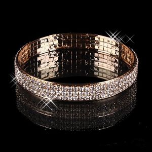 Luxury Gold Plated Bridal Bracelet Bling Bling 3 Row Rhinestone Arabic Stretch Bangle Women Prom Evening Party Jewelry Bridal Accessories