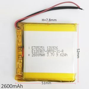 785251 3.7 V 2600 mAh Li-Polímero de Lítio Recarregável Bateria lipo polímero células Para DVD PAD GPS banco de potência Da Câmera E-livros modelo de telefone celular