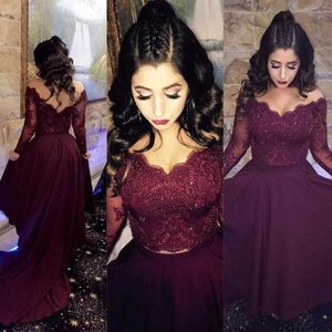 Billiga Sexig Långärmad Lace Vin Burgundy Prom Dress Sweep Train Formell Evening Party Gown Custom Gjorda Plus Storlek