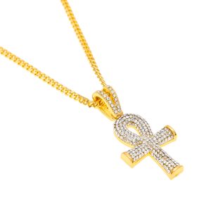 Hip Hop vergoldete Kreuz-Halskette für Herren, voller Iced Out-Kristall, ägyptischer Ankh-Schlüsselanhänger mit 61 cm langer kubanischer Kette