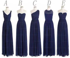 Neue 5 Stile, maßgeschneiderte lange Brautjungfernkleider, A-Linie mit Reißverschluss am Rücken, bodenlang, Marineblau, Chiffon, gerüscht, günstiges Abschlussball-Abend-Partykleid