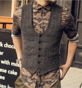 2019 Vintage Dress Vests for Men Slim Fit Men's Suit Vest Male Waistcoat Gilet Home Casual ärmlös formell affärsjacka bunden tillbaka