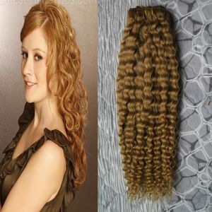 # 27 Jordgubbsblondin kinky Curly Clip i hårförlängningar 100g 7st Clip i naturliga lockiga brasilianska hårförlängningar