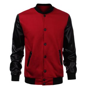 Wholesale- 2016 Fashion Design Cool College Baseball Jacket Men Black PU Leather Sleeve Sweatshirt Mens Slim Fit Varsity Bomber Jacket