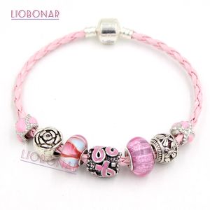 Free Shipping Newest Breast Cancer Awareness Jewelry European Bead Style Breast Cancer Pink Ribbon Bracelet Wholesale