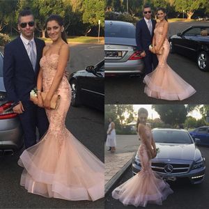 Prom Mermaid Strapless Style Sleeveless Evening Dresses with Applique Tiered Ruffle Sweep Train Back Zipper Formal Party Gowns 2017