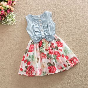 Wholesale denim dresses for babies resale online - Baby Girl Dress Summer Children Sleeveless Denim Floral Dresses With Button Kids Princess Summer Dresses For Girls