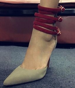 2017 kvinnor spänne höga klackar blandade färgpumpar bröllopskor damer starppy pumpar tunna häl gladiator sandaler sexig punkt tå fest sko