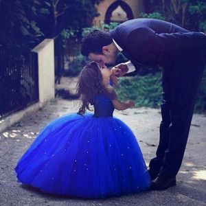 Cinderella Cute Royal Blue Ball Gown Girls Pageant Dresses Off Shoulder Tulle Floor Length Toddler Birthday Dresses Party Dresses Cupcake