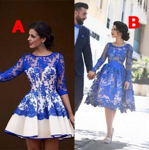 Cocktail Dresses 2019 Short Prom Dress Homecoming Party Gowns With Sexy Sheer Neck A Line Jewel Long Sleeve Royal Blue Lace Tulle Cheap