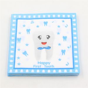 Atacado- azul feliz primeiro dente impresso guardanapo de guardanapo para tipos Decoupage Festas Tissue Servilleta 33cm * 33cm 20 pcs / pacote / lote