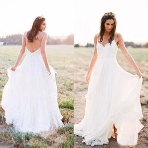 2017 Sexy Spaghetti Backless Chiffon País Praia Bohemian Vestidos de Casamento Lado Barato Dividir Longo Boho Vestidos De Noiva Custom Made EN11064