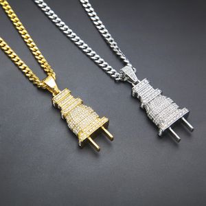 Iced Out Bling Men Micro Pave Full Rhinestone Plug Pendant Necklace Gold Silver Plated Charm Cuban Chain Hip Hop Jewelry