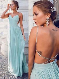 Blygsam ny chiffong högkvalitativt material billigt $ 79 prom klänning sexig backless spaghetti kväll festklänningar gratis frakt