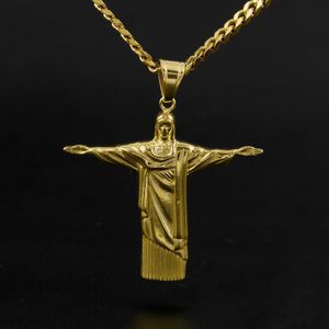 Hip hop cuba kedja 18k guldpläterad cz helt isad rio de janeiro jesus rostfritt stål hänge halsband mens mode smycken