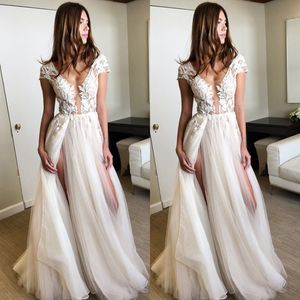 Sexy Two-Side-split longas Prom Vestidos profundo decote em V manga curta apliques Puffy Charme vestidos de festa 2017 Cheap nova celebridade Vestido de Noite