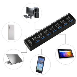 Freeshipping 7 Ports USB 3.0 Hub Splitter LED Light Adapter Charging Port Electronic Switch 5Gbps UK Plug