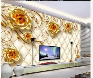 Papier peint mural 3D en forme de rose dorée de luxe européen, papier peint 3d pour toile de fond TV