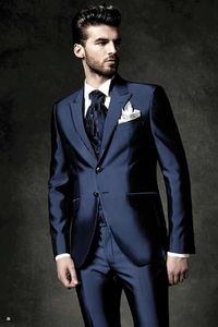 Modne dwa przyciski Shiny Navy Blue Groom Tuxedos Peak Lapel Groomsmen Najlepsze Mężczyzna Męskie Weddings Prom Garnitury (Kurtka + Spodnie + Kamizelka + Krawat) No: 3366