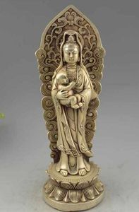 Chine Bouddhisme Argent Prier Bénir Enfant Garçon Guanyin Kwan-Yin Déesse Statua de Bouddha