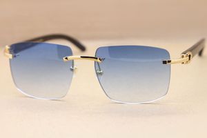 Berühmte Marken-Designer-Sonnenbrillen für Herren und Damen, randlose Brillen, echte natürliche schwarze Büffelhorn-Brille für Herren, blau-braune Linse, Sonnenbrille mit Originalverpackung