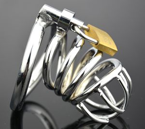 Latest Dormant Lock Male Stainless Steel Curve Cock Penis Cage Chastity Belt Device Ring BDSM Sex Toy 4550