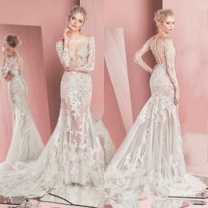 Luxuriöses Zuhair Murad Hochzeitskleid 2017, stilvolles, sexy, durchsichtiges Meerjungfrau-Brautkleid, transparente U-Ausschnitt-Spitze-Applikation mit langen Ärmeln