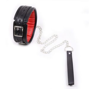 Black&Red PU Leather Soft Padded Bondage Neck Collar With Chain Leash Choker Necklace,Neck Restraint ,Adults Sex Toys For Couple q0506