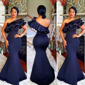 African 2018 Dark Navy Blue Satin Mermaid Druhna Dresses Długie Ruffle Longed One Shoard Maid of Honor Suknie Custom Made China EN10251