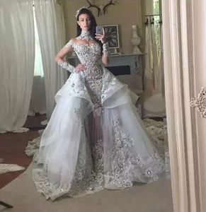 Luxury Sparkly 2020 Beaded Crystal Mermaid Wedding Dresses With Detachable Skirt High Neck Long Sleeves Bling Bling Bridal Gowns EN10205