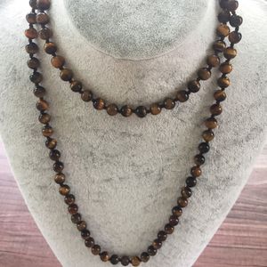 Nature Stone 8MM Yellow Tiger Eye Necklace Hand Knotted Necklace Long Necklaces 42inch Yoga Mala Beads Endless Infinity Beaded