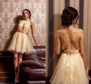 Gold Short Prom Dresses High Neck Halter Pleated Tulle Dance Evening Party Dresses Keyhole neckline Backless Cocktail Dresses With Pearls